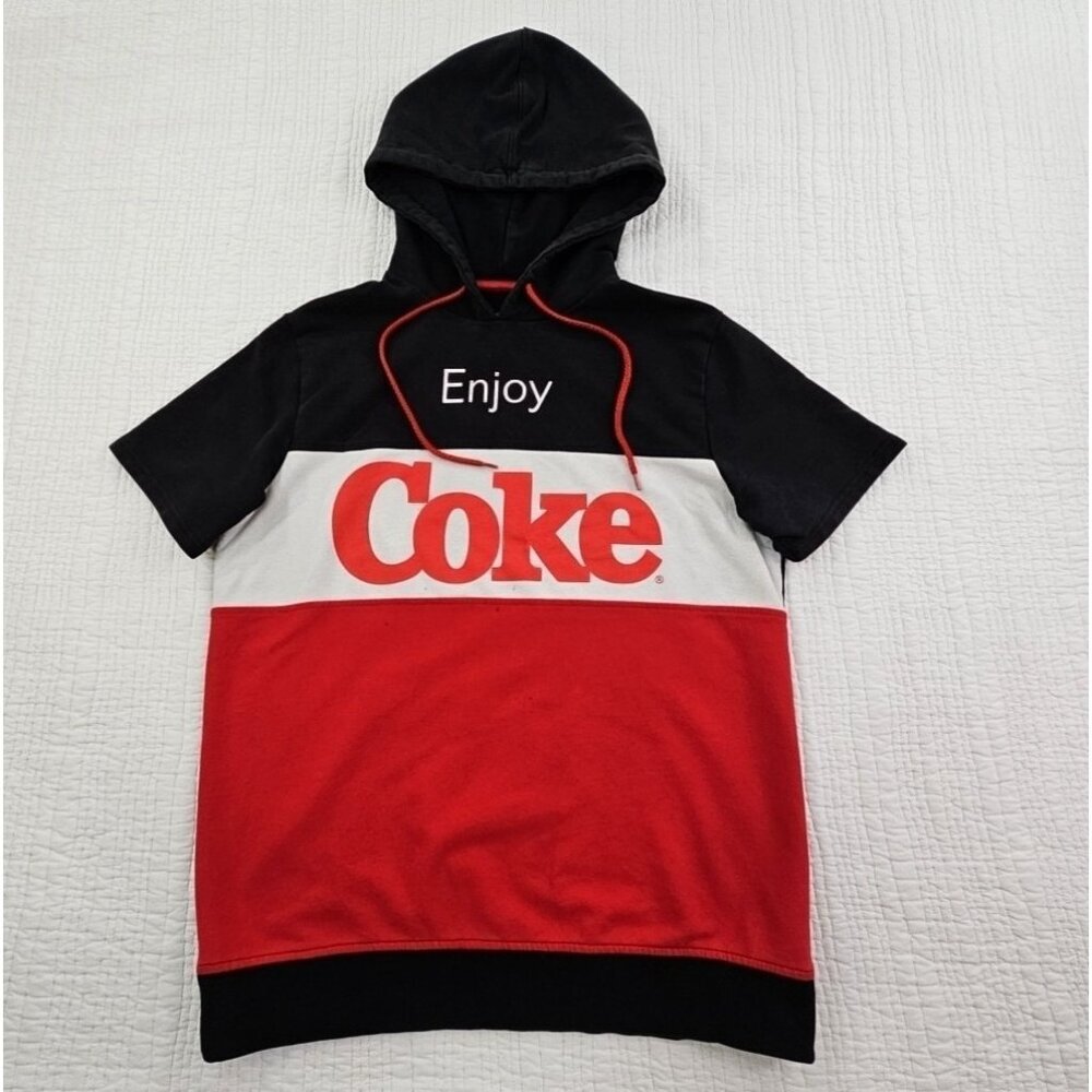 Coca-Cola‎ Enjoy Coke Short Sleeve 100% Cotton Hoodie Pullover Men's Medium VTG